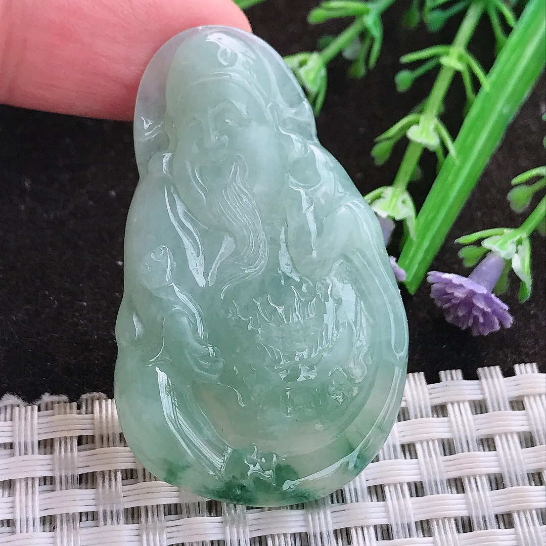实拍A货翡翠48.7/30/6老坑冰润起胶飘花财神爷吊坠翡翠玉牌挂件