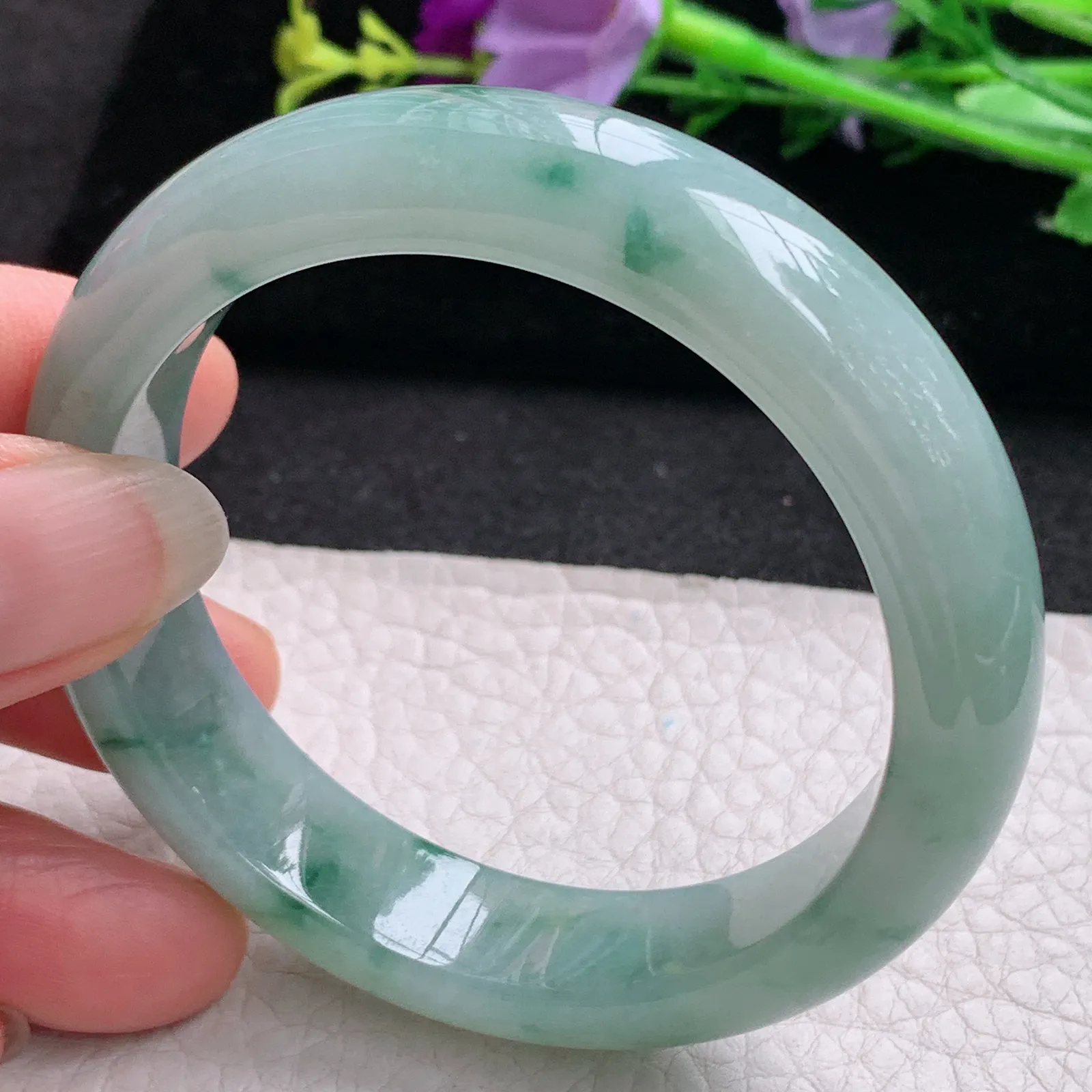 Hf实拍53*13.2*8.3缅甸翡翠手镯冰飘花手镯正圈平安镯宽版镯子