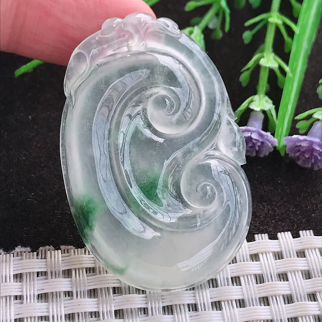 实拍A货翡翠48.3/32/4.9老坑冰种起刚冰飘花如意吊坠翡翠玉如意挂件