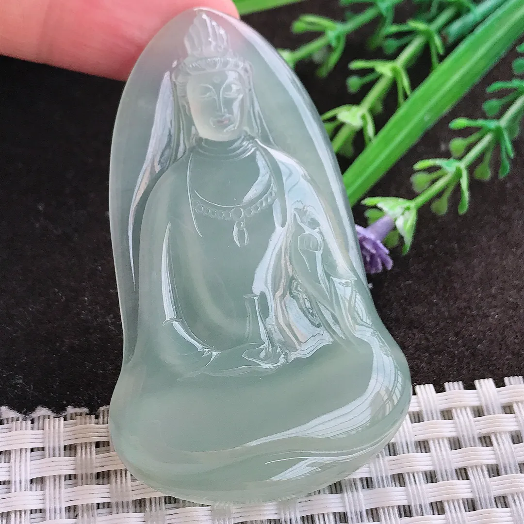 实拍A货翡翠63.4/39/5.8老坑冰种果冻胶冰晴绿素衣观音吊坠翡翠玉牌挂件