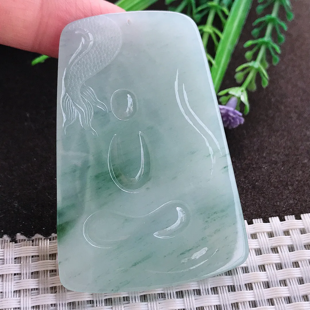 实拍A货翡翠64.5/44.2/5.8老坑冰润起胶飘花虚空藏菩萨吊坠翡翠玉牌挂件