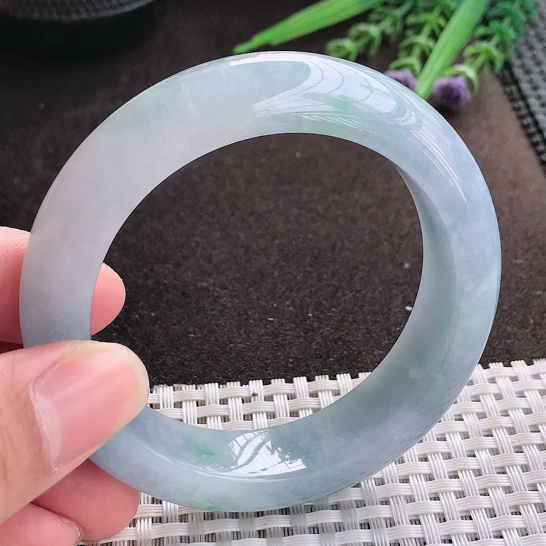 实拍A货翡翠54.5/14.8/9.6老坑冰润水灵春带彩手镯翡翠玉镯子平安镯