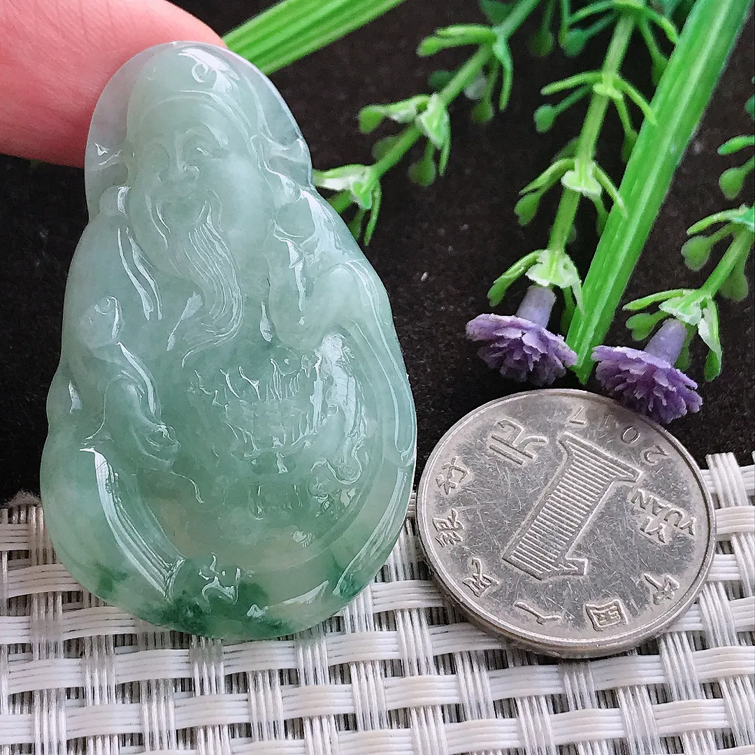 实拍A货翡翠48.7/30/6老坑冰润起胶飘花财神爷吊坠翡翠玉牌挂件