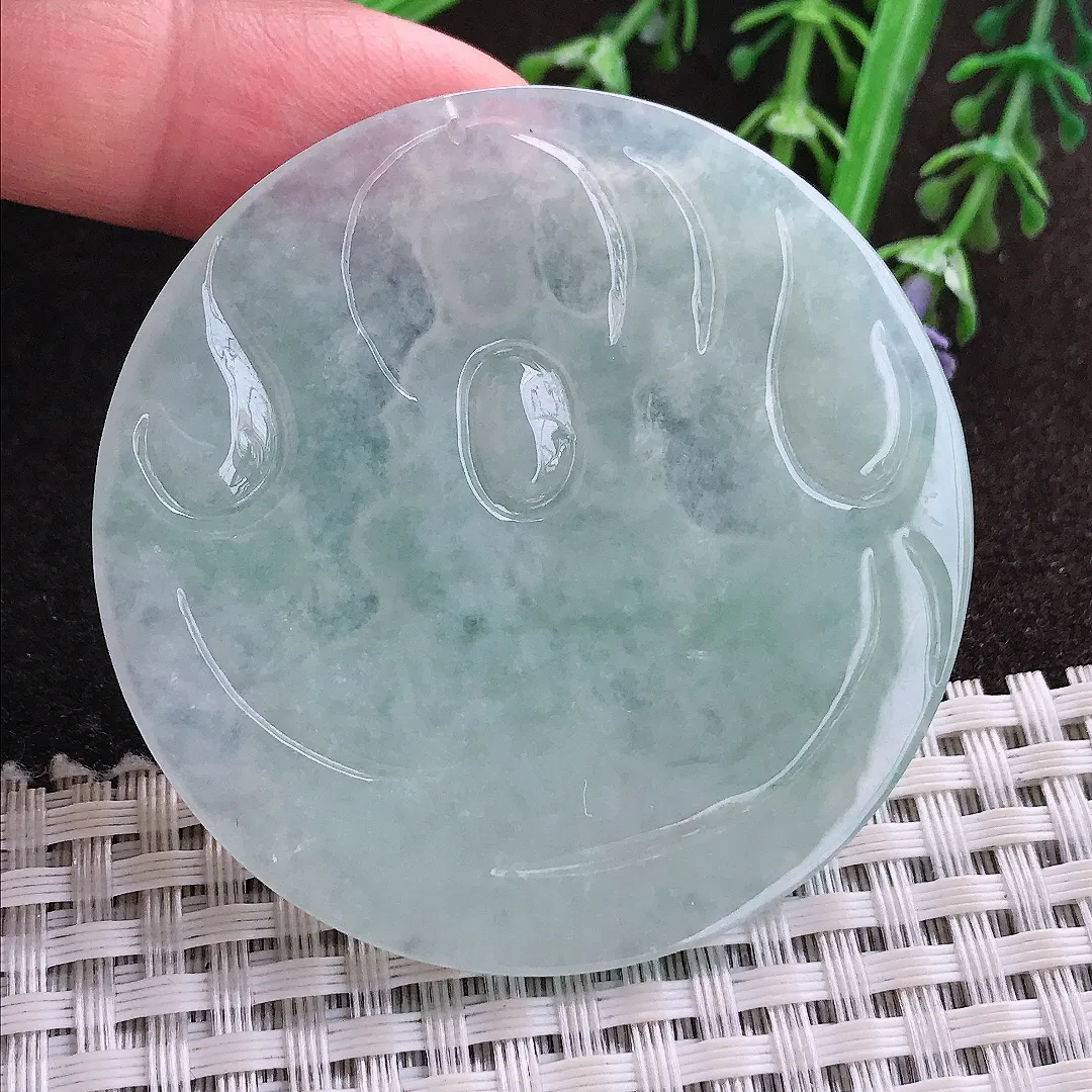 实拍A货翡翠54/4.5老坑冰胶水灵冰晴普贤菩萨吊坠翡翠圆牌挂件