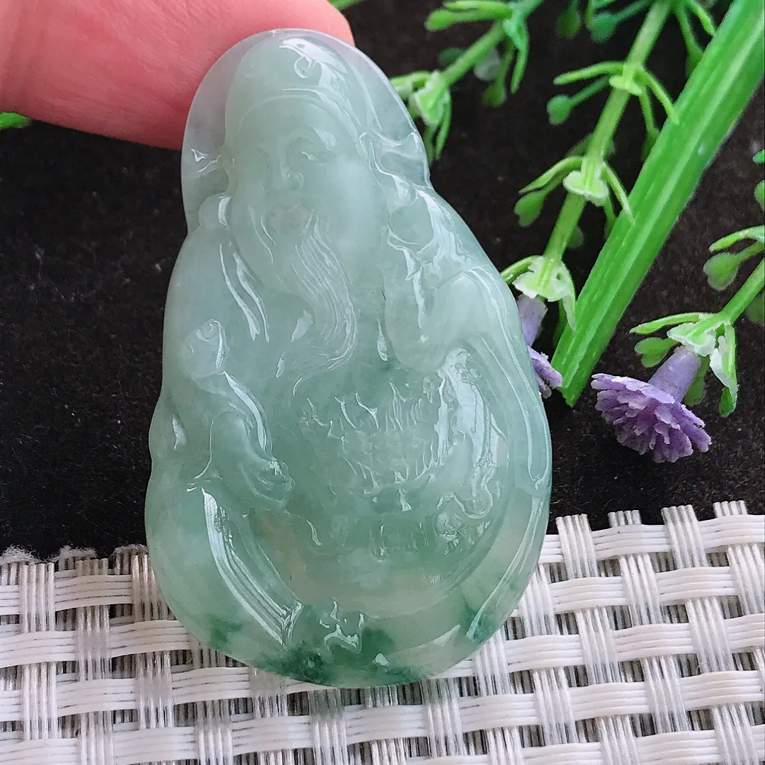 实拍A货翡翠48.7/30/6老坑冰润起胶飘花财神爷吊坠翡翠玉牌挂件