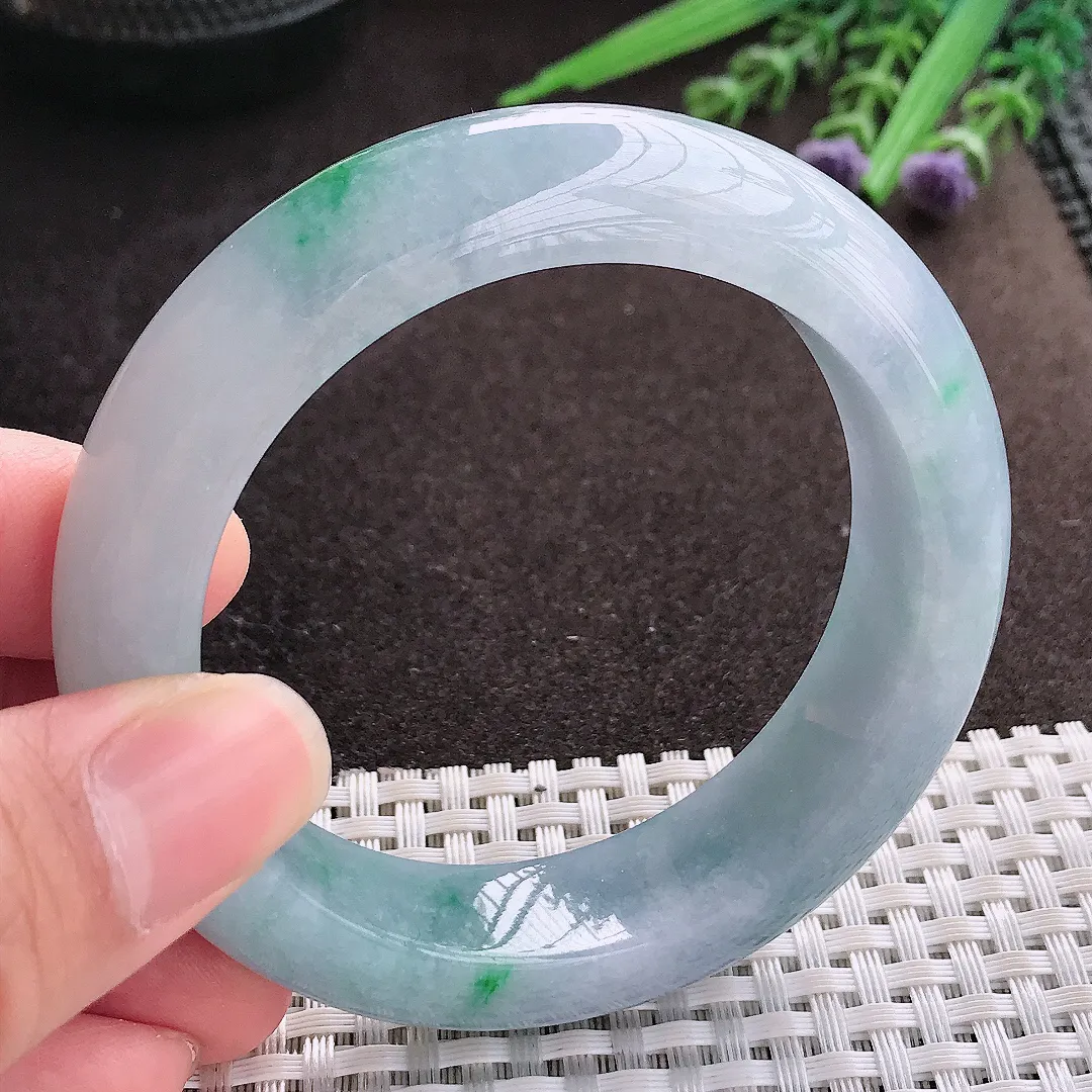 实拍A货翡翠54.5/14.8/9.6老坑冰润水灵春带彩手镯翡翠玉镯子平安镯