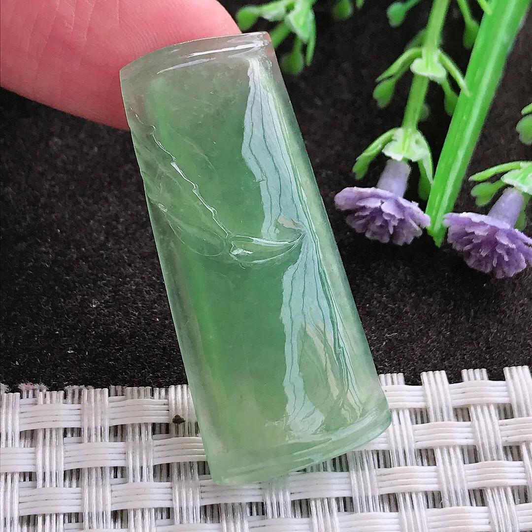 实拍A货翡翠40/17.8/5老坑冰种起胶冰晴满甜绿竹节吊坠翡翠玉牌挂件