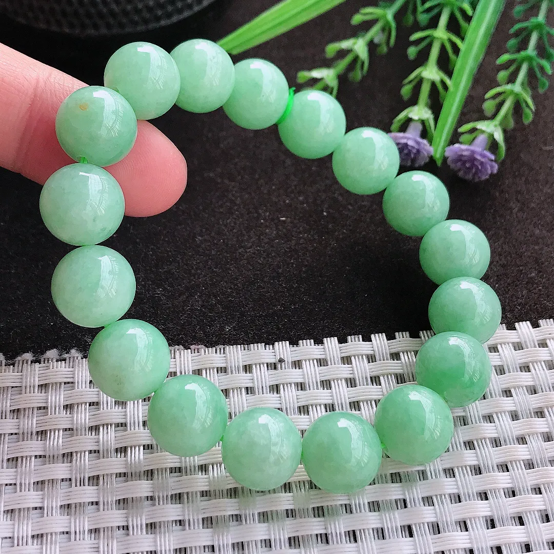 实拍A货翡翠11.8/17颗老坑精美冰润满绿圆珠手链吊坠翡翠玉珠串