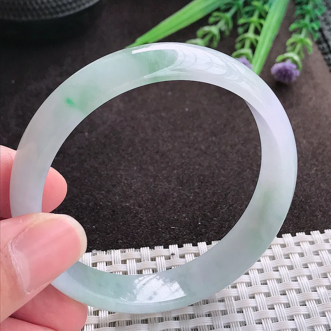 实拍A货翡翠58/14/6.6老坑冰润起胶飘花手镯翡翠玉镯子平安镯