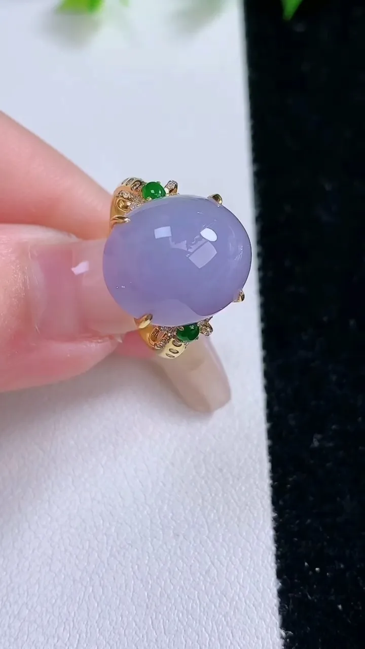 天然A货翡翠18K金紫罗兰蛋面戒指，尺寸17.2-15.2-12.2-8.2，重量:4.83g202