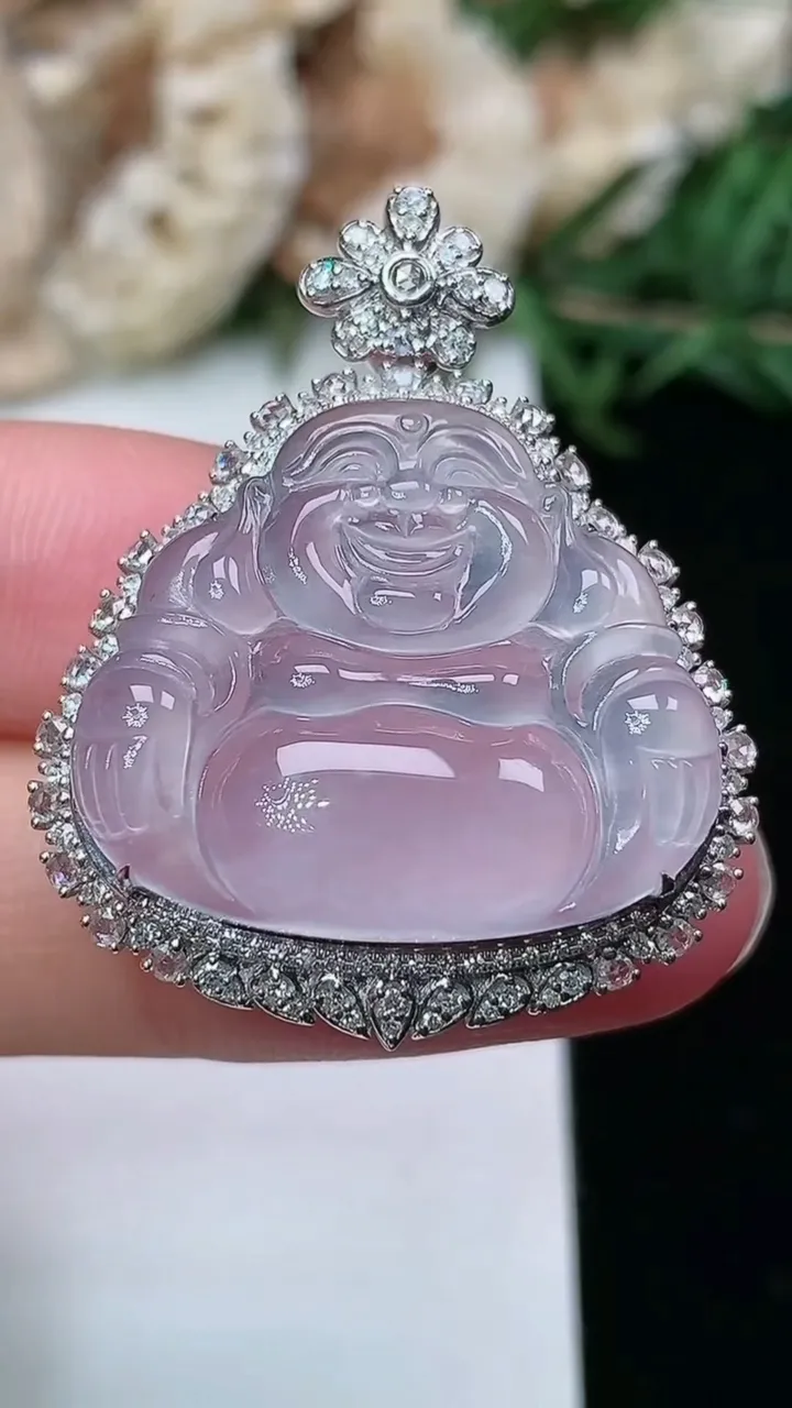 天然A货翡翠白冰佛公吊坠，尺寸34.2-27.6-10.8，裸石20.2-23.7，重量:5.96g