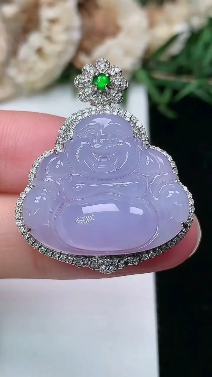 天然A货翡翠紫罗兰佛公吊坠，尺寸32.6-26.2-9.2，裸石20.5-23.7，重量:5.80g