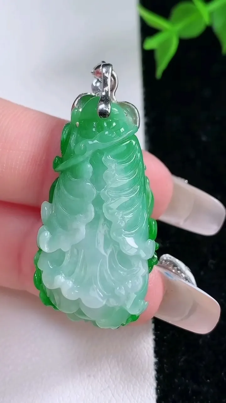 天然A货翡翠白菜吊坠，尺寸33.8-18.3-9.4重量:10.56g
2月4日