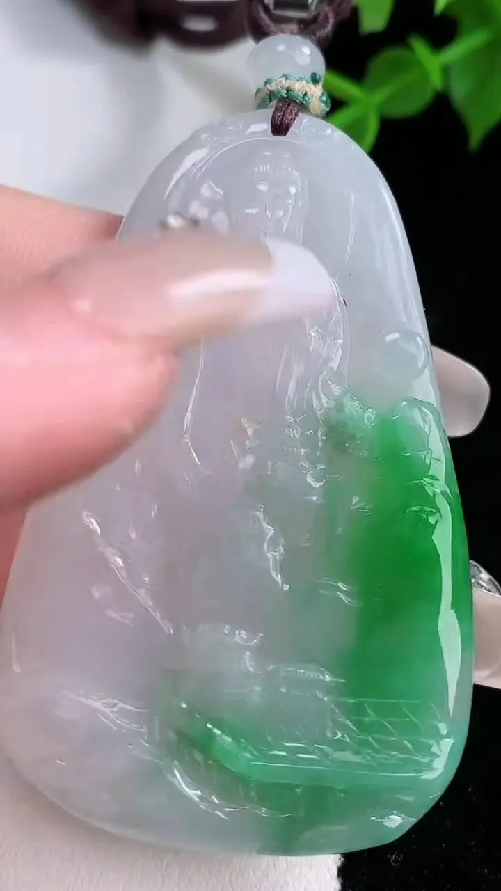 天然A货翡翠山水观音菩萨吊坠，尺寸57.2-36.5-4.7，重量:27.12g
2月4日