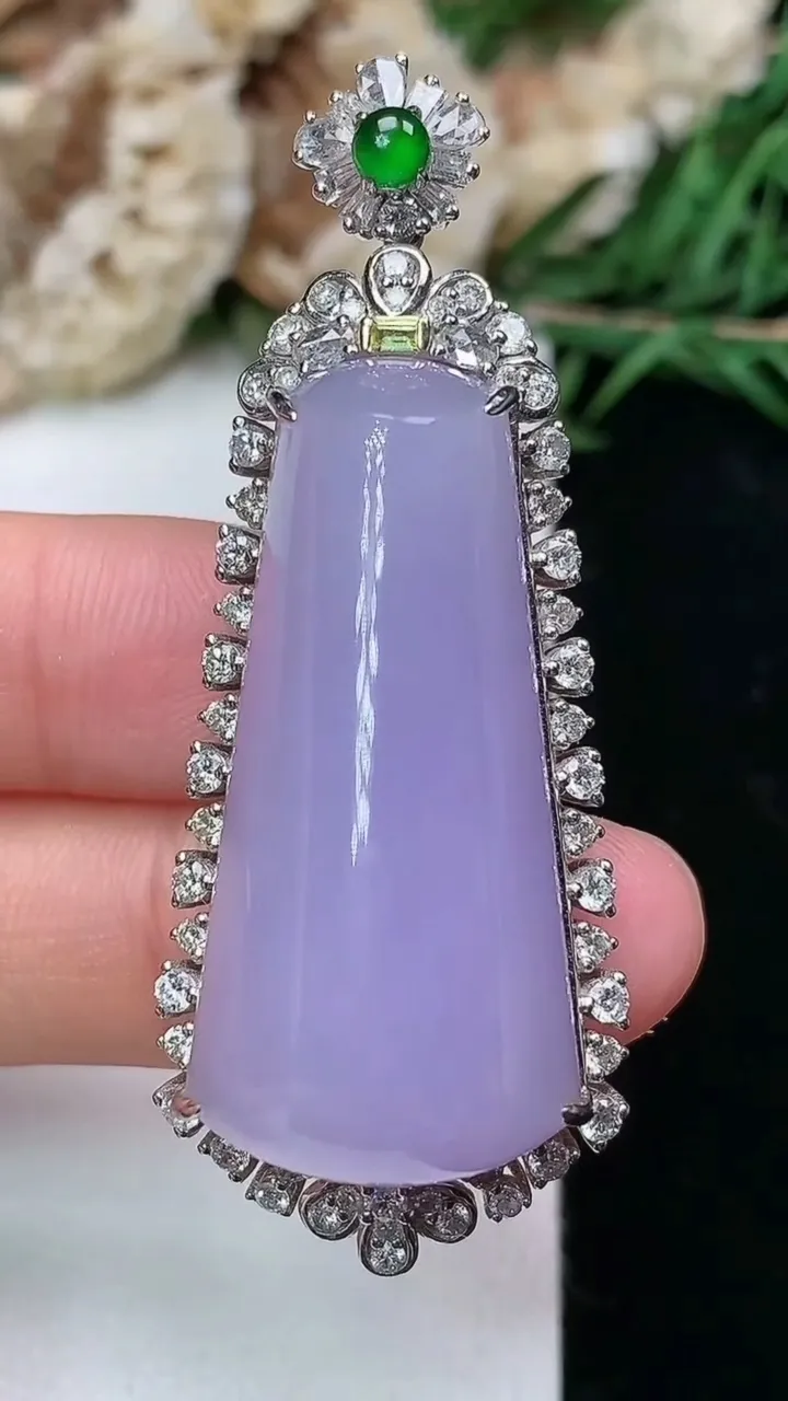 天然A货翡翠k金紫罗兰平安柱吊坠，尺寸53-20.7-16.7，裸石34.3-16，重量:19.56