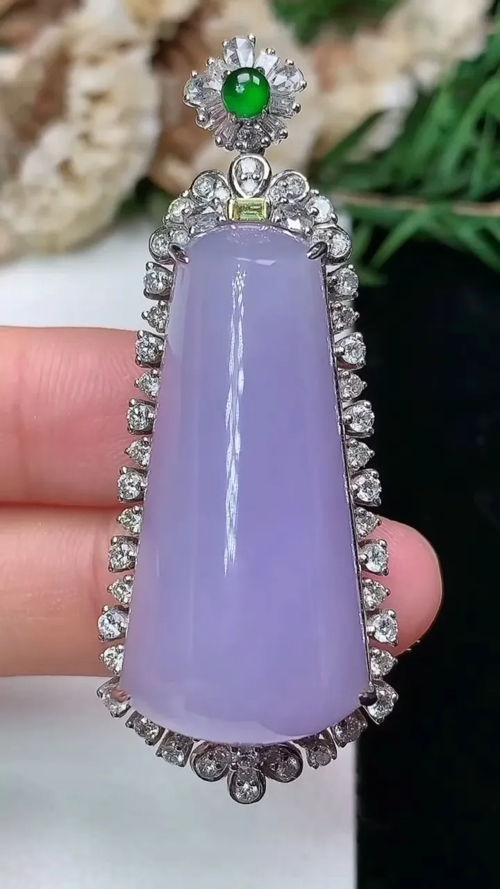 天然A货翡翠k金紫罗兰平安柱吊坠，尺寸53-20.7-16.7，裸石34.3-16，重量:19.56