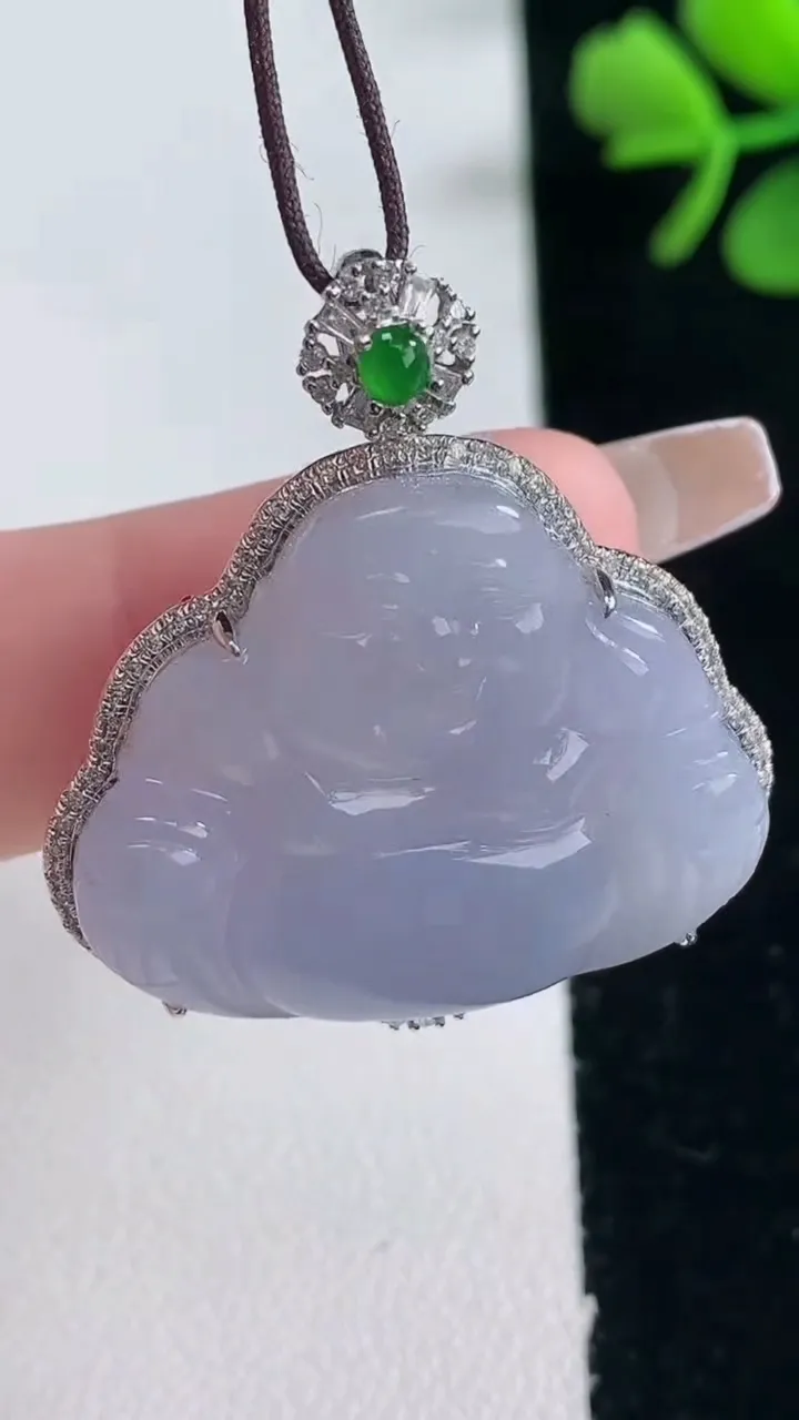 天然A货翡翠18K金紫罗兰佛公吊坠，尺寸35-31.4-7.6，裸石24-28.9重量:7.42g
