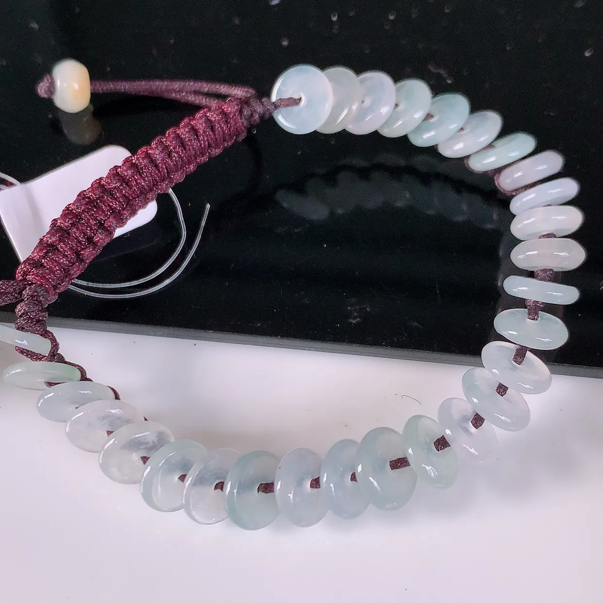 自然光实拍，冰种翡翠平安扣手串手链，种老水足，冰清玉润  颜色漂亮  #49.28取一尺寸7