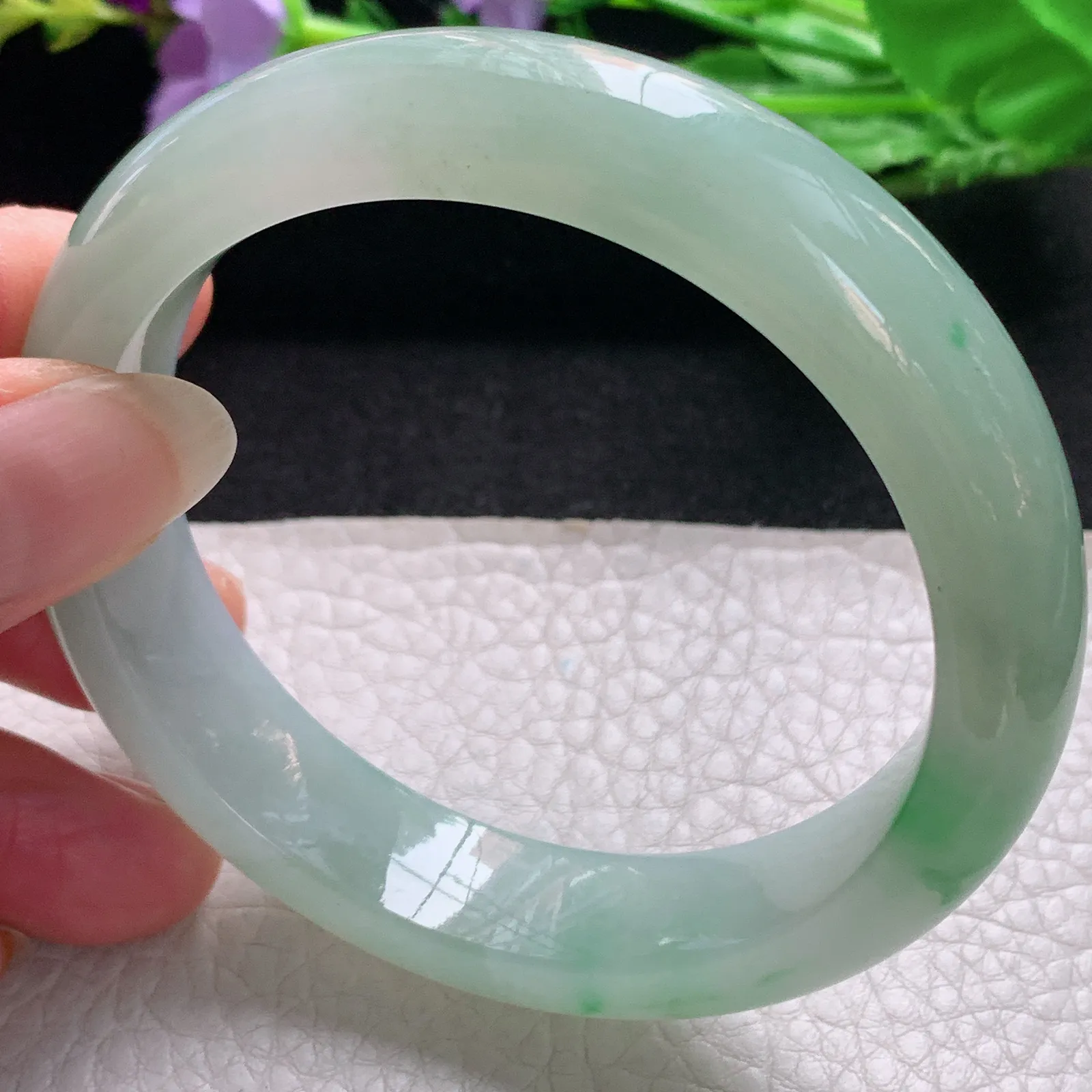 nr实拍58.7*14.2*10缅甸翡翠a货玉手镯冰飘绿花正圈平安镯宽版玉手环