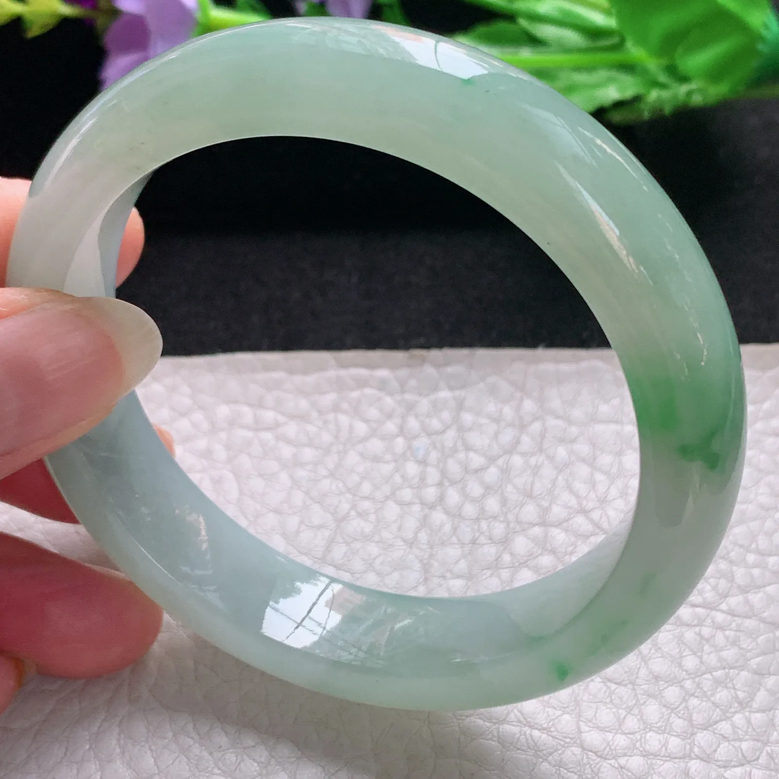 nr实拍58.7*14.2*10缅甸翡翠a货玉手镯冰飘绿花正圈平安镯宽版玉手环