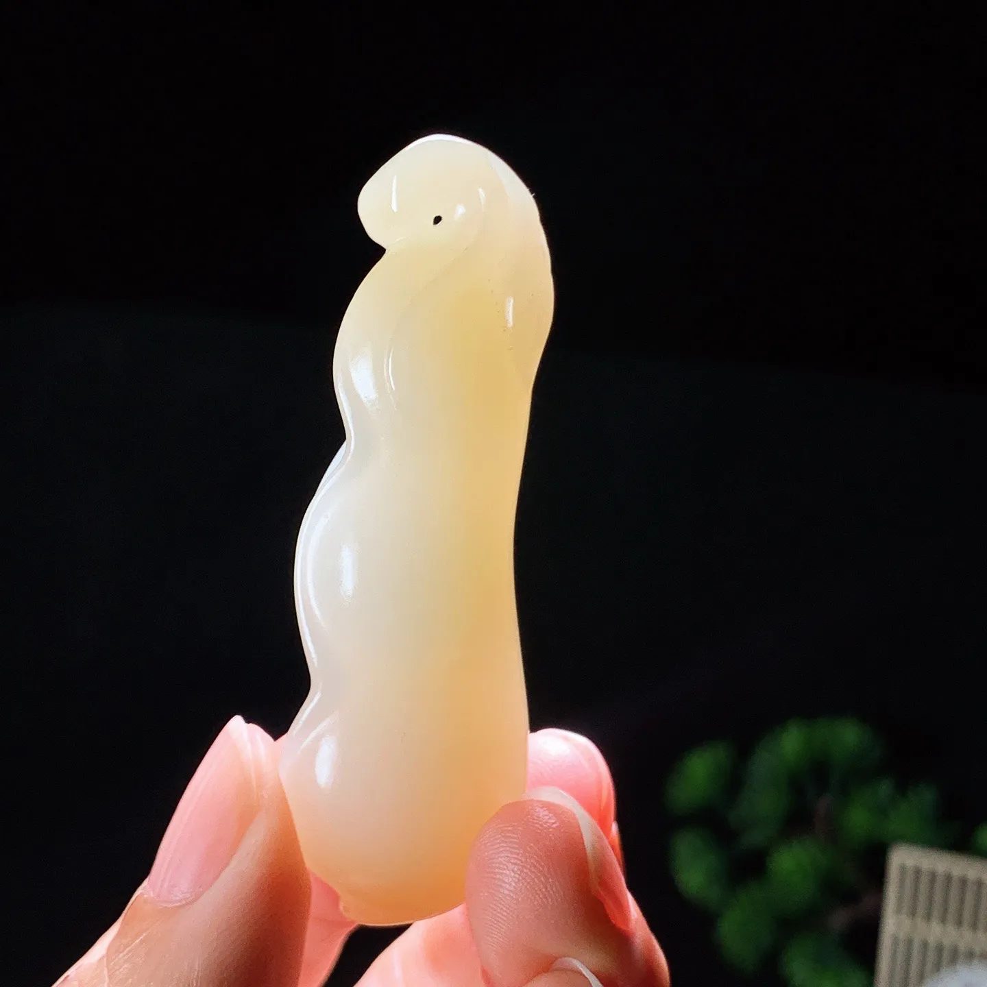 新疆和田玉且末糖四季发财福豆挂件。尺寸60/19/14重23克 玉质细腻油润 底色纯净 脂粉好，品质好。lt260130