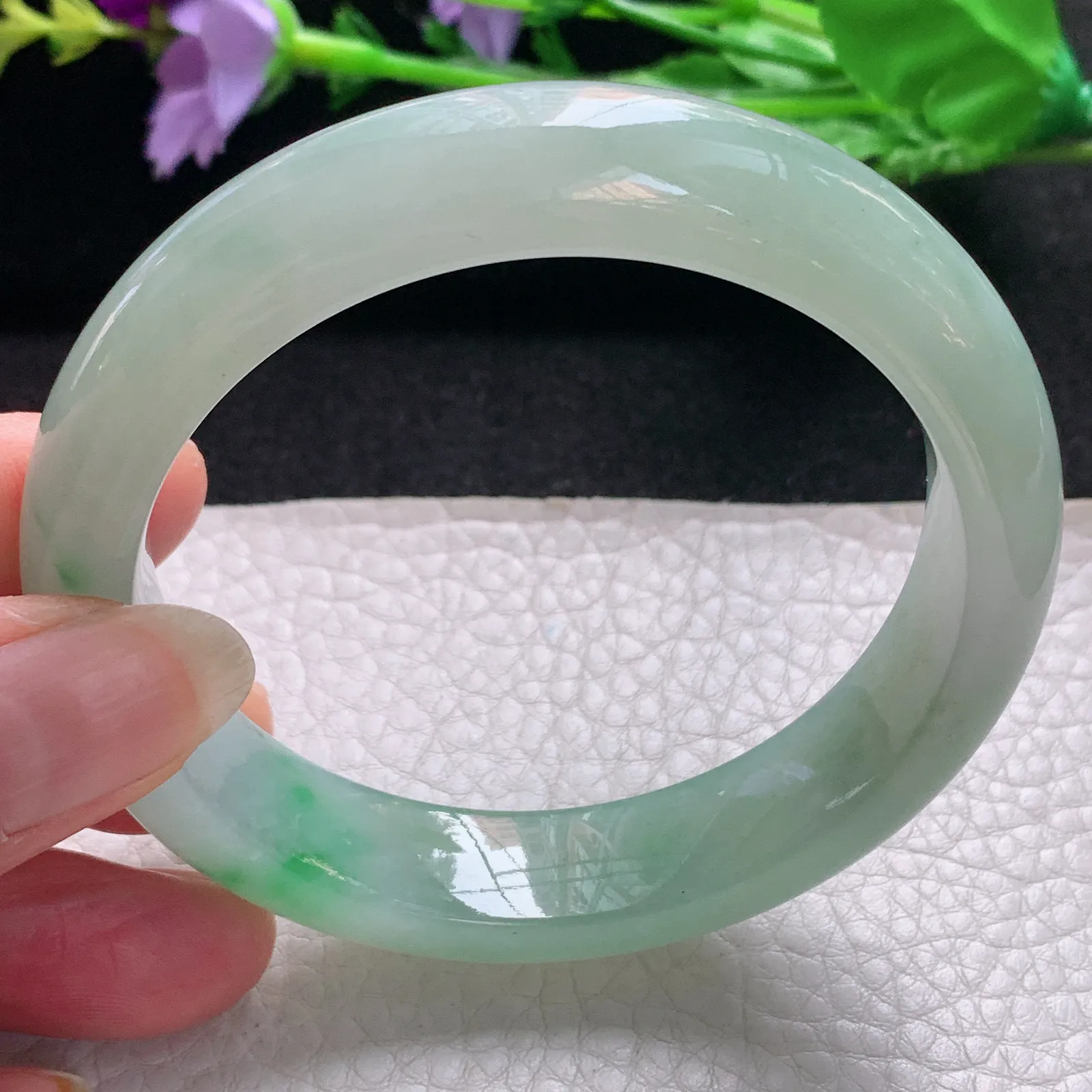 nr实拍58.7*14.2*10缅甸翡翠a货玉手镯冰飘绿花正圈平安镯宽版玉手环
