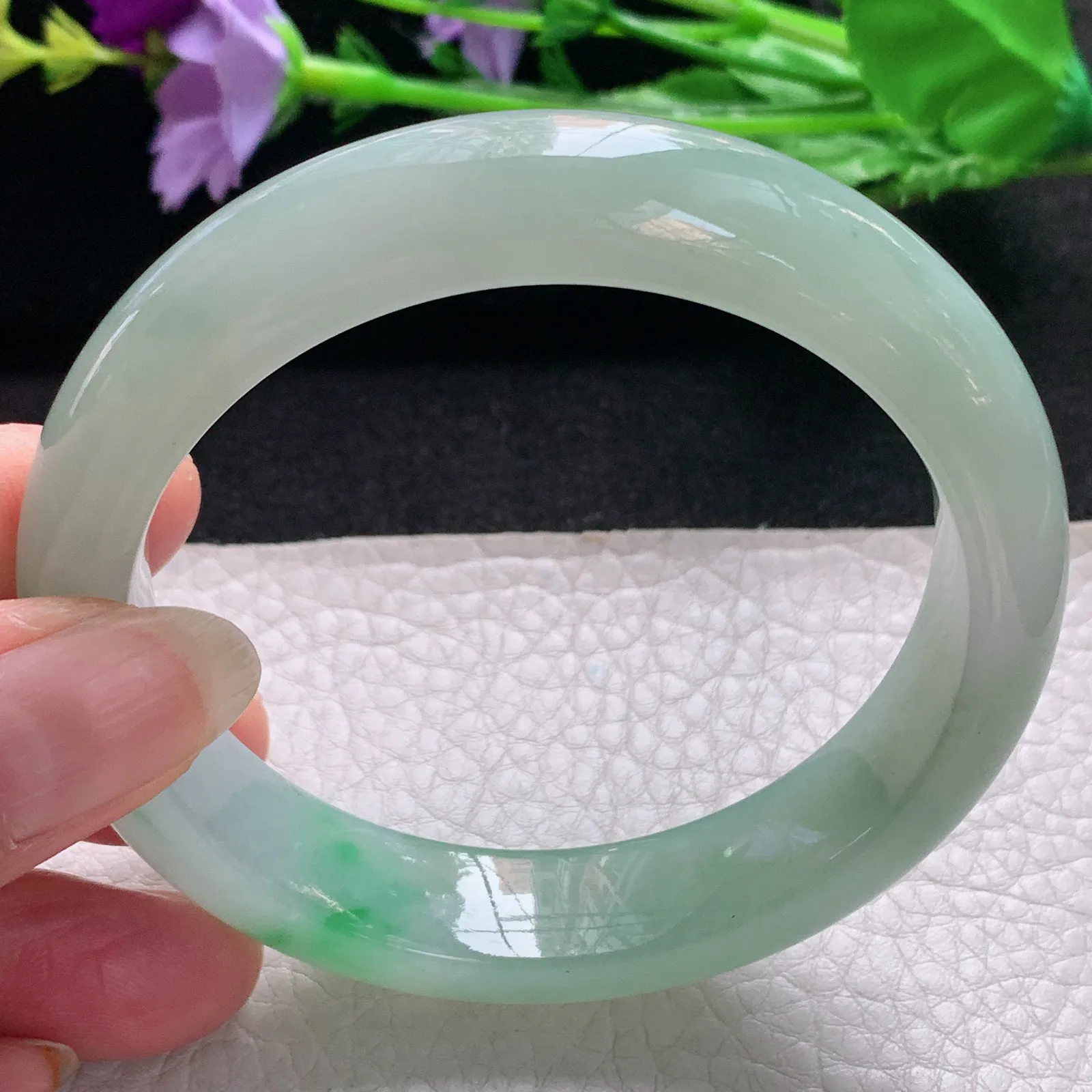 nr实拍58.7*14.2*10缅甸翡翠a货玉手镯冰飘绿花正圈平安镯宽版玉手环