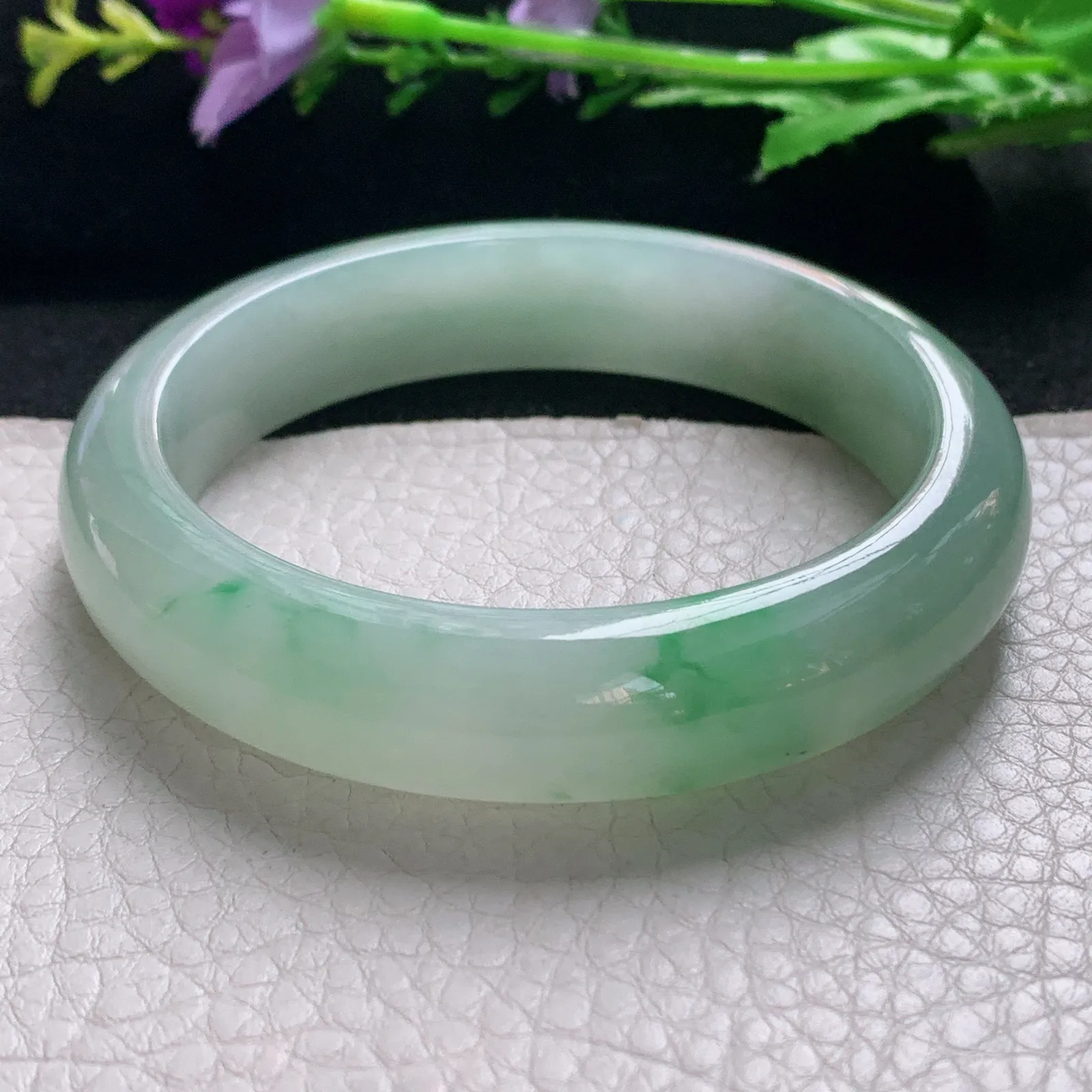nr实拍58.7*14.2*10缅甸翡翠a货玉手镯冰飘绿花正圈平安镯宽版玉手环