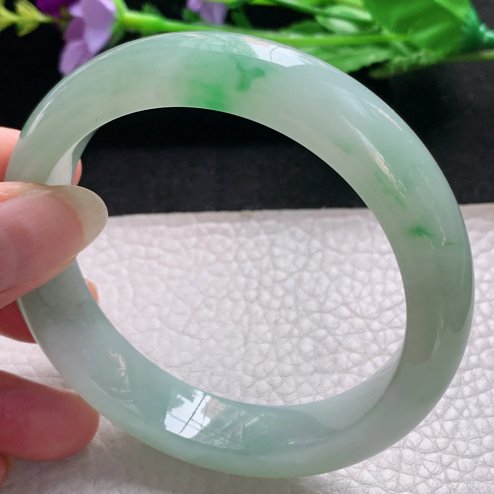 nr实拍58.7*14.2*10缅甸翡翠a货玉手镯冰飘绿花正圈平安镯宽版玉手环