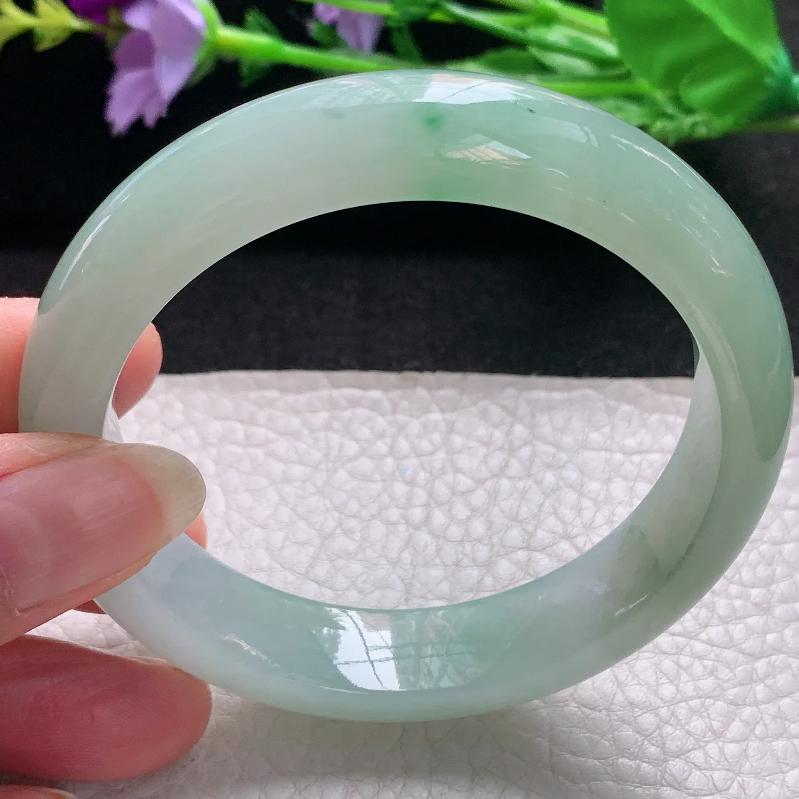 nr实拍58.7*14.2*10缅甸翡翠a货玉手镯冰飘绿花正圈平安镯宽版玉手环