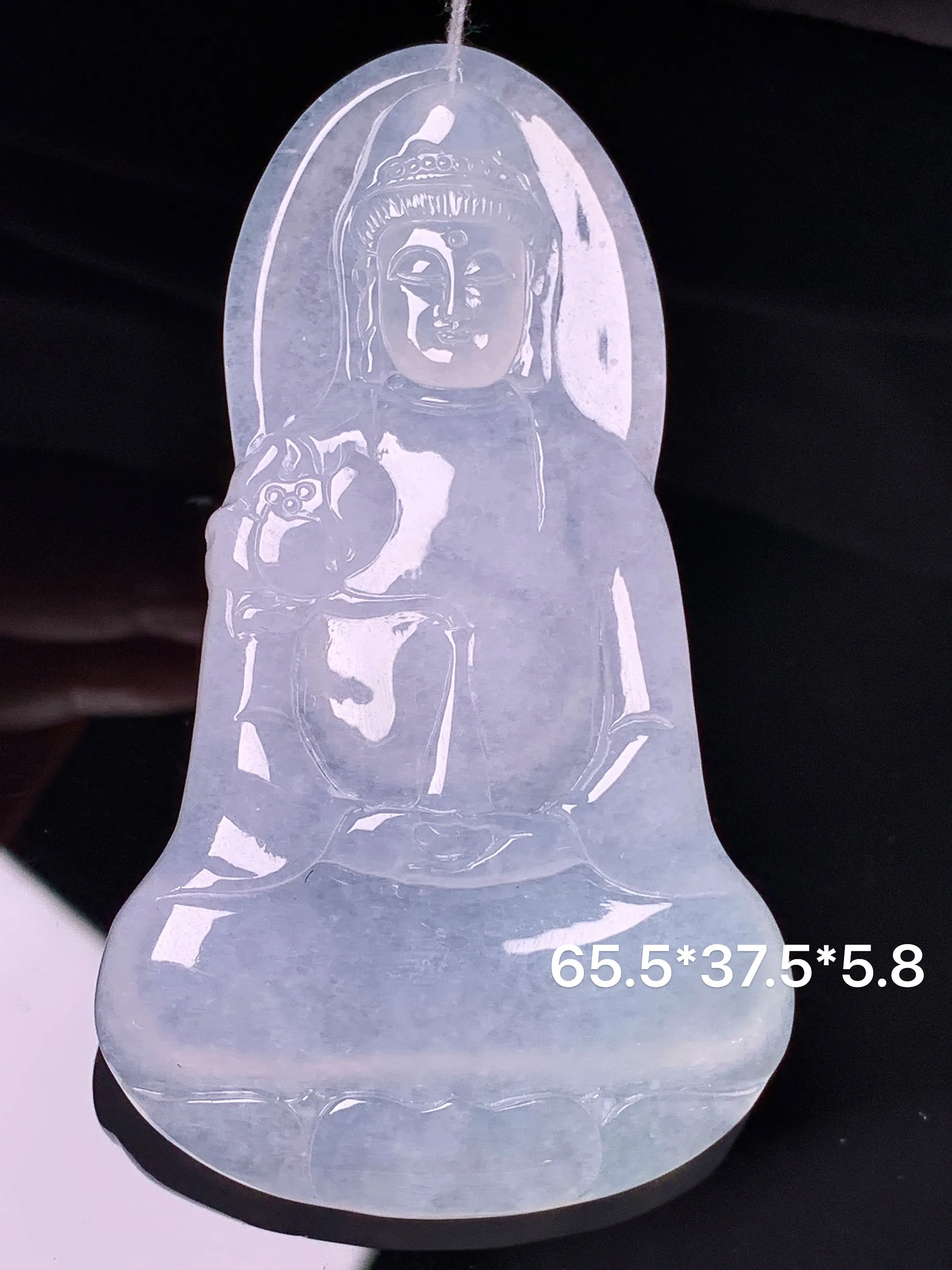 冰种观音菩萨吊坠 玉质细腻 色泽清新艳丽 整体尺寸65.5*37.5*5.8