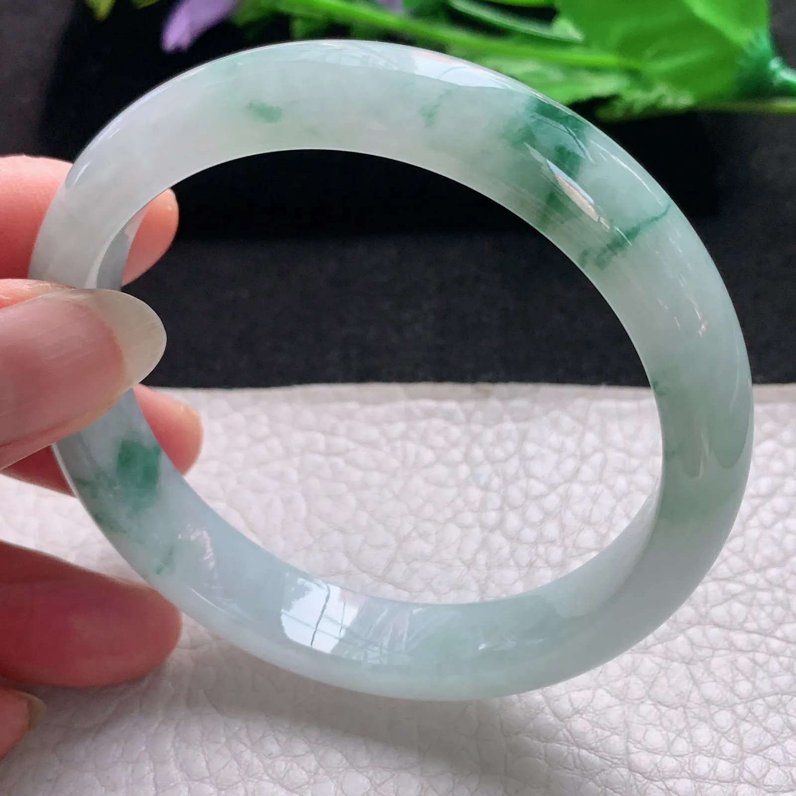 nr大圈口59.8*12*8缅甸翡翠a货玉手镯冰飘花正圈平安镯宽版玉手环