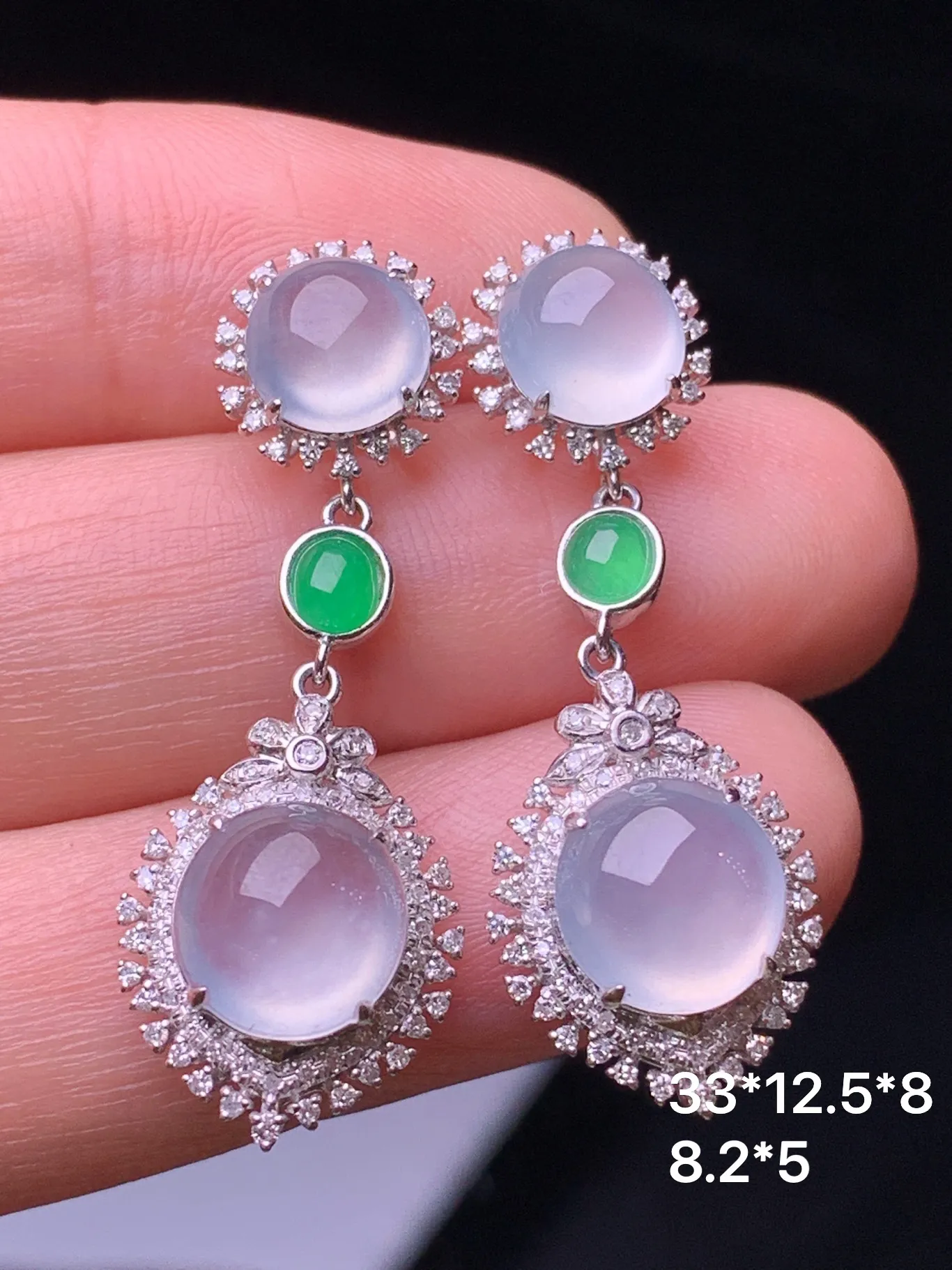 18k金钻镶嵌冰种蛋面组合耳坠 玉质细腻 色泽艳丽清新 整体尺寸33*12.5*8