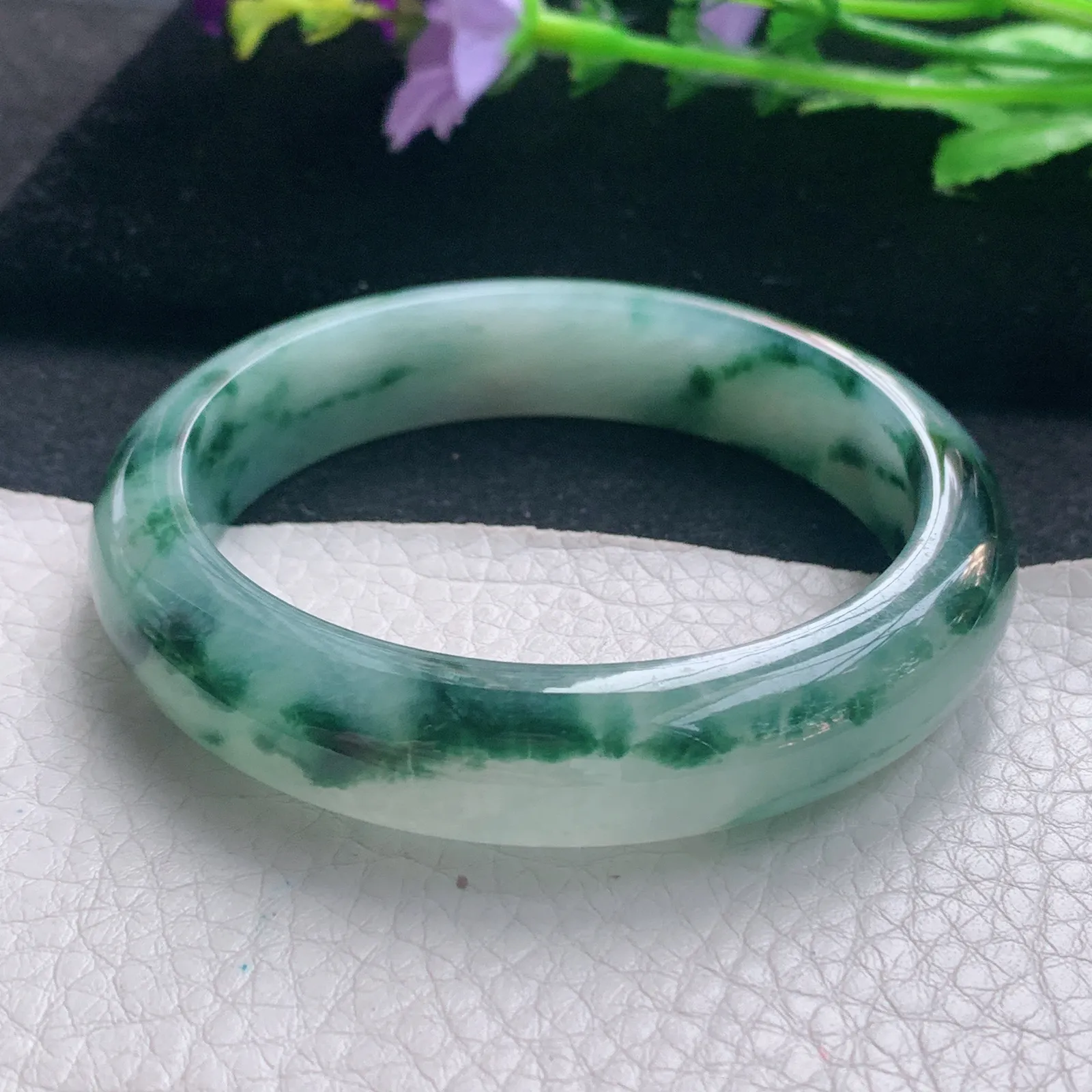 nr实拍56*13*8缅甸翡翠a货玉手镯冰飘花正圈平安镯宽版玉手环