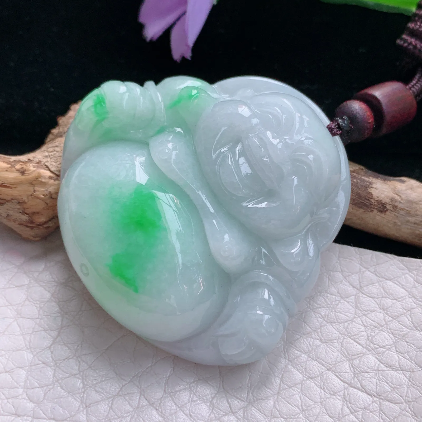 zen自然光43*45.7*12.3天然缅甸翡翠白底青佛公 开心佛玉吊坠 玉挂件