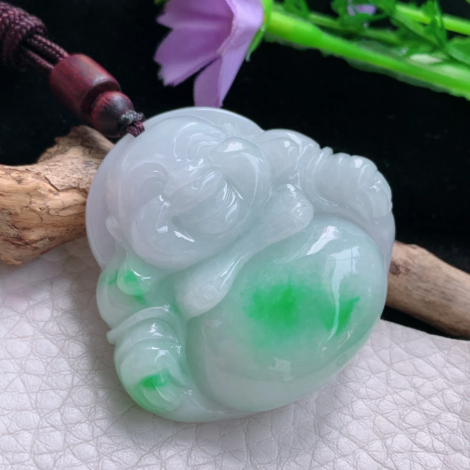 zen自然光43*45.7*12.3天然缅甸翡翠白底青佛公 开心佛玉吊坠 玉挂件