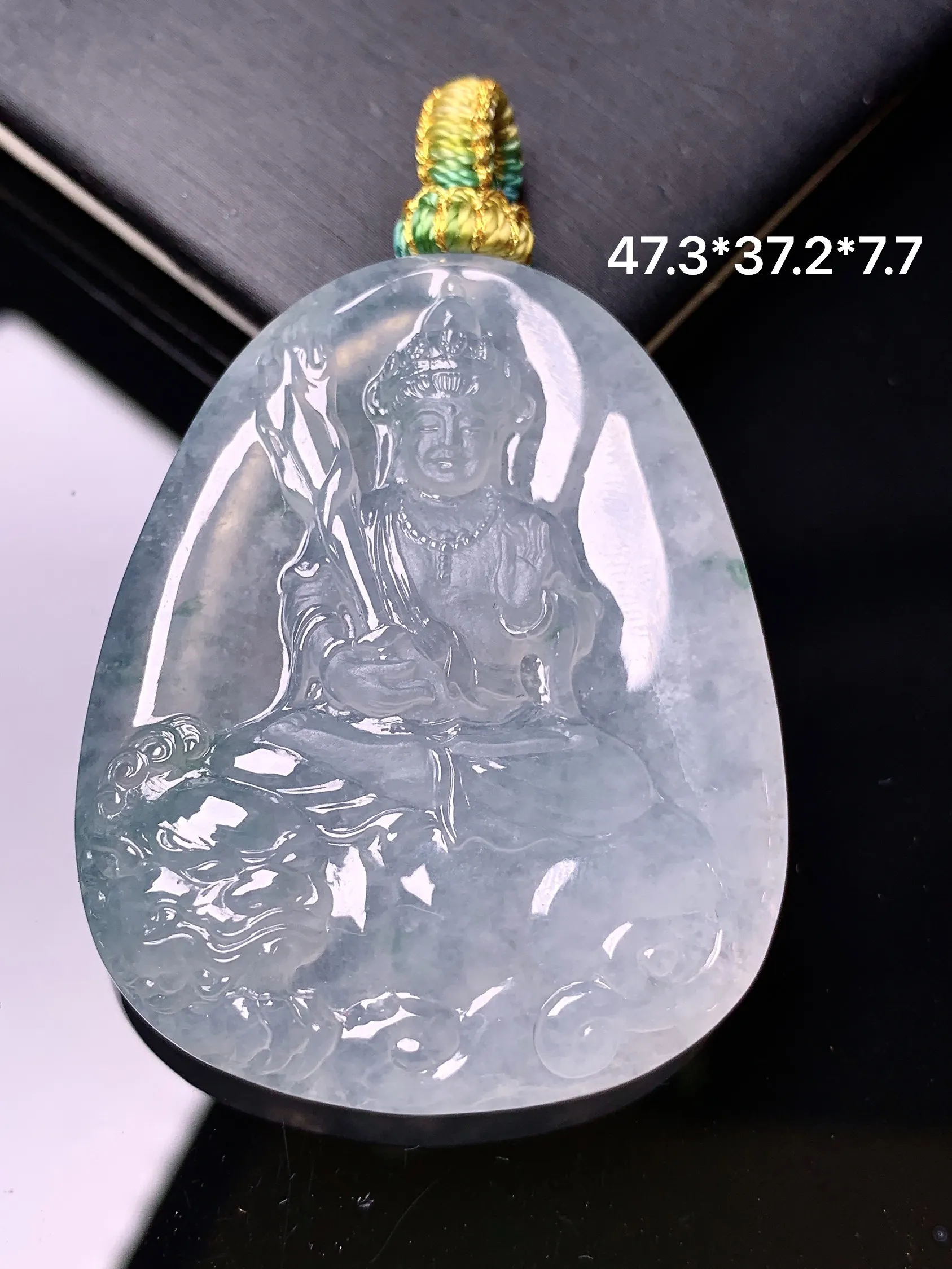 冰种文殊观音菩萨吊坠 玉质细腻 色泽清新艳丽 整体尺寸47.3*32.2*7.7