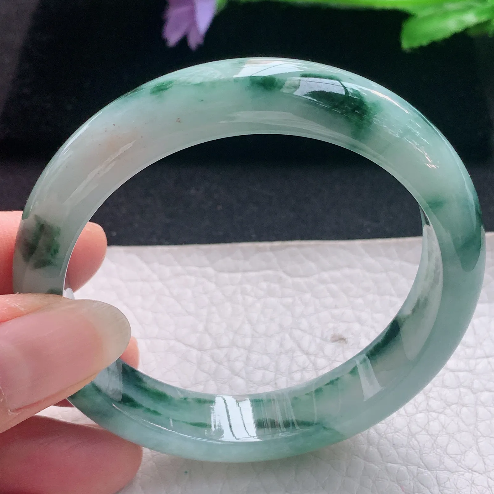 nr实拍56*13*8缅甸翡翠a货玉手镯冰飘花正圈平安镯宽版玉手环