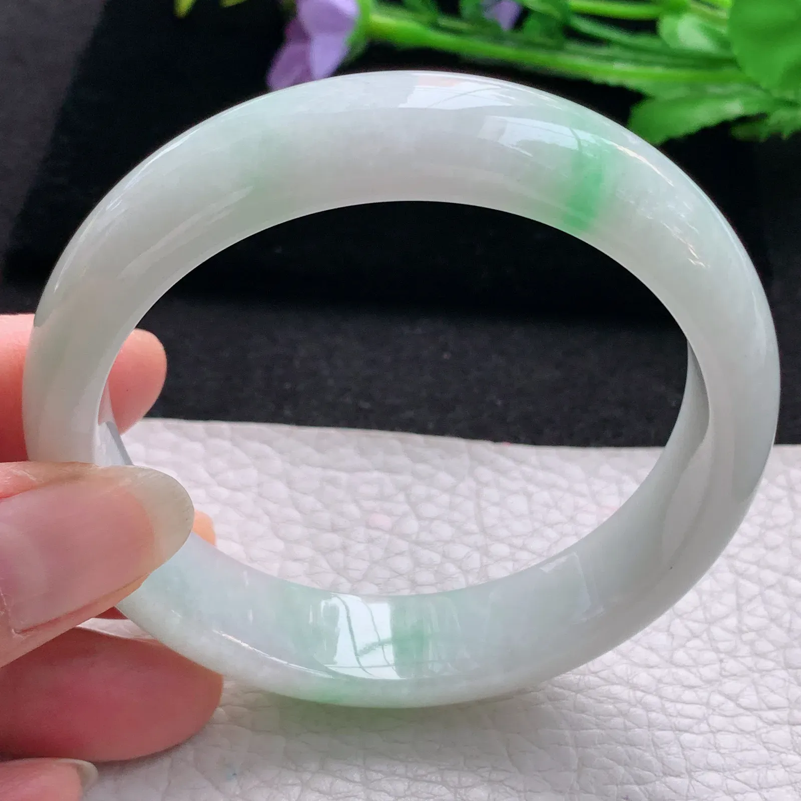 nr大圈口60*15*8缅甸翡翠a货玉手镯白底青正圈平安镯宽版玉手环