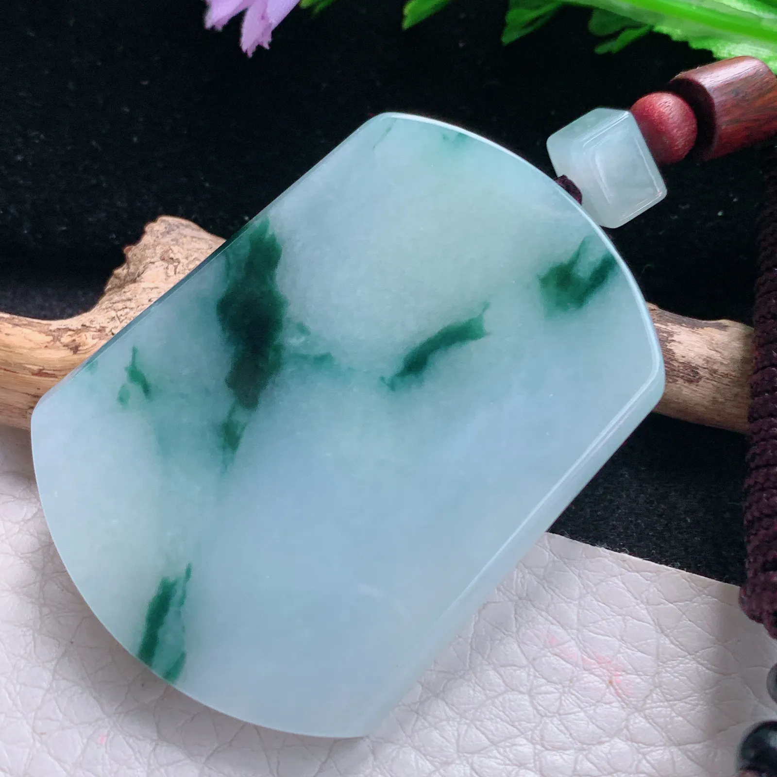 zen自然光52.5*38.6*6天然缅甸翡翠冰飘花平安无事牌 素面牌玉吊坠 玉挂件