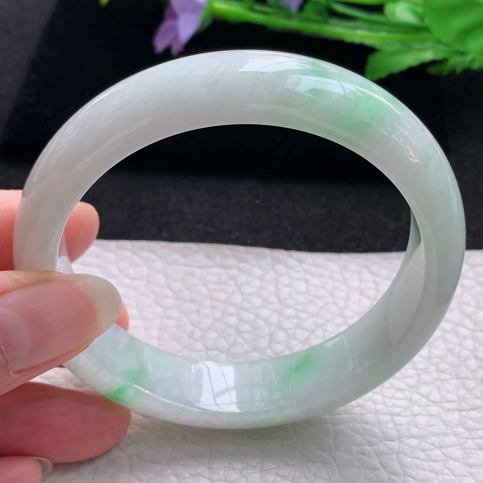 nr大圈口60*15*8缅甸翡翠a货玉手镯白底青正圈平安镯宽版玉手环