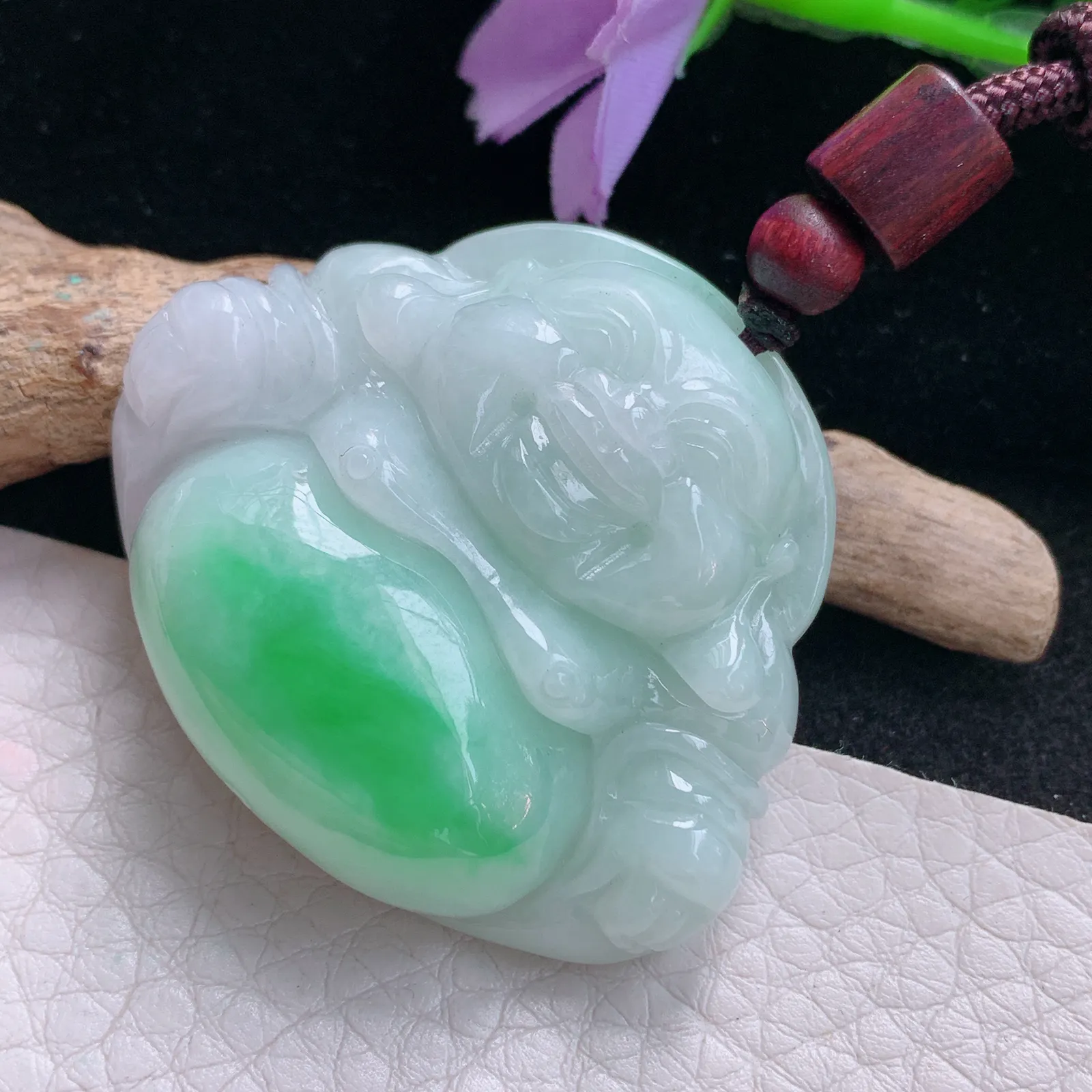 zen自然光37*44*11.8天然缅甸翡翠飘阳绿佛公 开心佛玉吊坠 玉挂件
