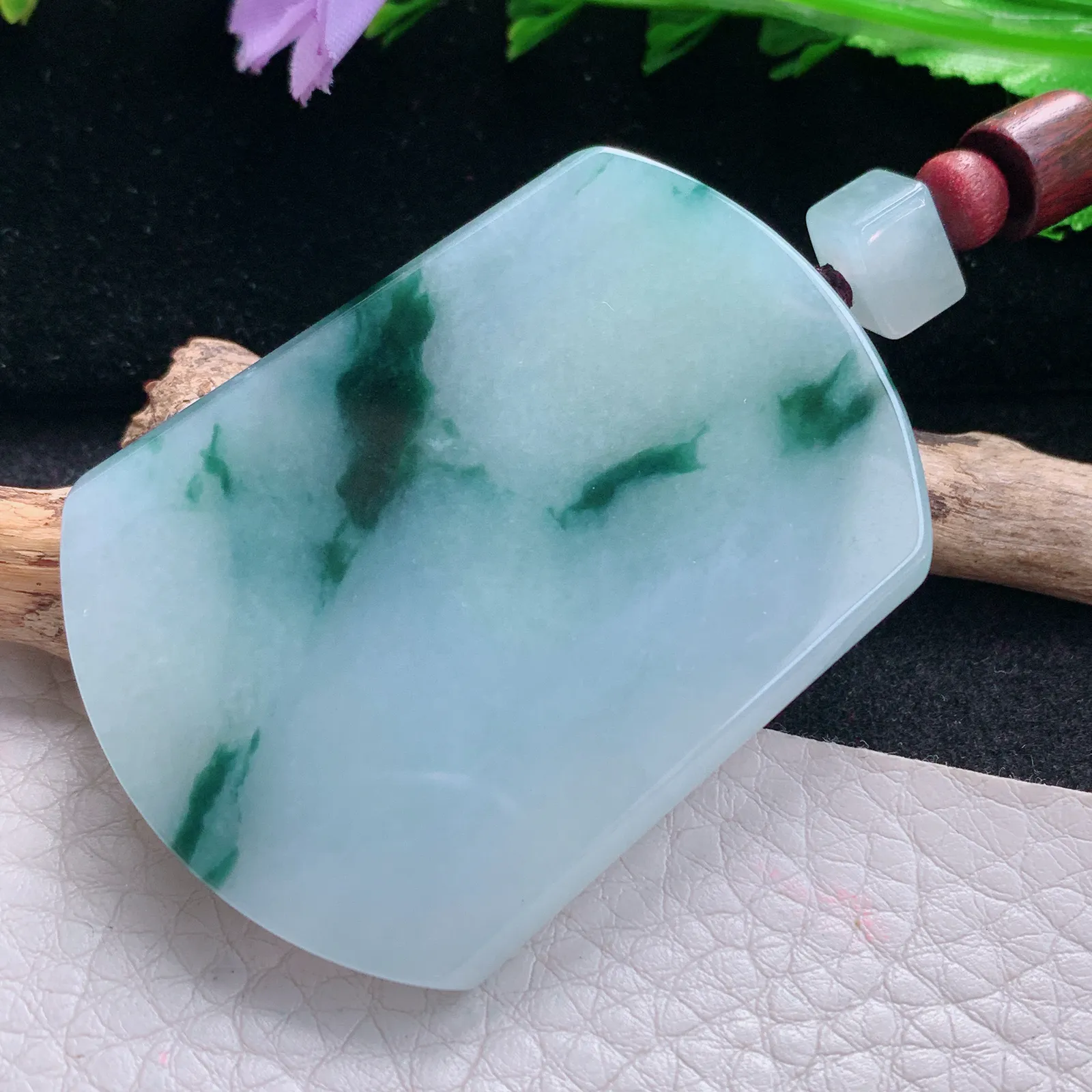 zen自然光52.5*38.6*6天然缅甸翡翠冰飘花平安无事牌 素面牌玉吊坠 玉挂件