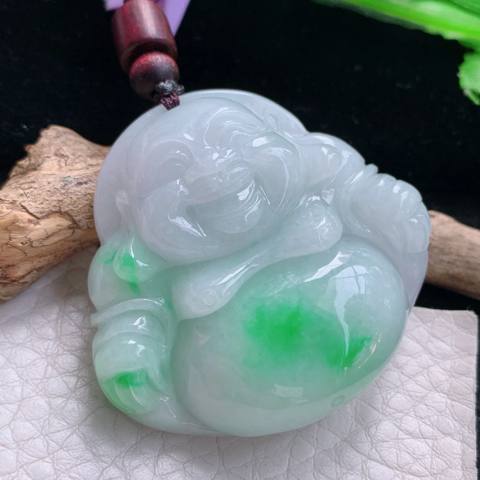 zen自然光43*45.7*12.3天然缅甸翡翠白底青佛公 开心佛玉吊坠 玉挂件