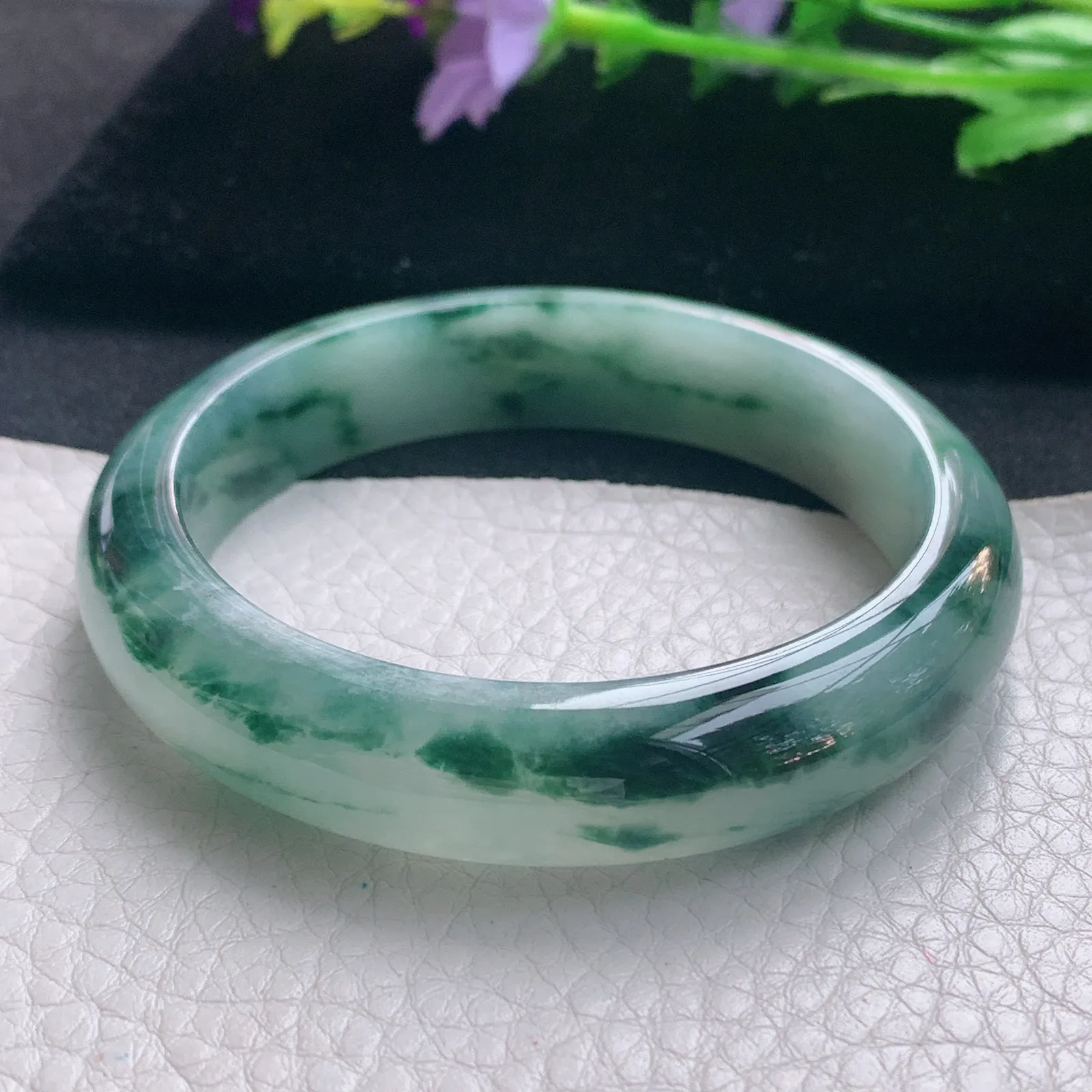 nr实拍56*13*8缅甸翡翠a货玉手镯冰飘花正圈平安镯宽版玉手环