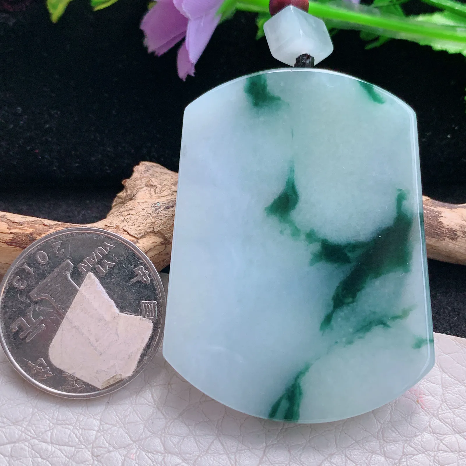 zen自然光52.5*38.6*6天然缅甸翡翠冰飘花平安无事牌 素面牌玉吊坠 玉挂件