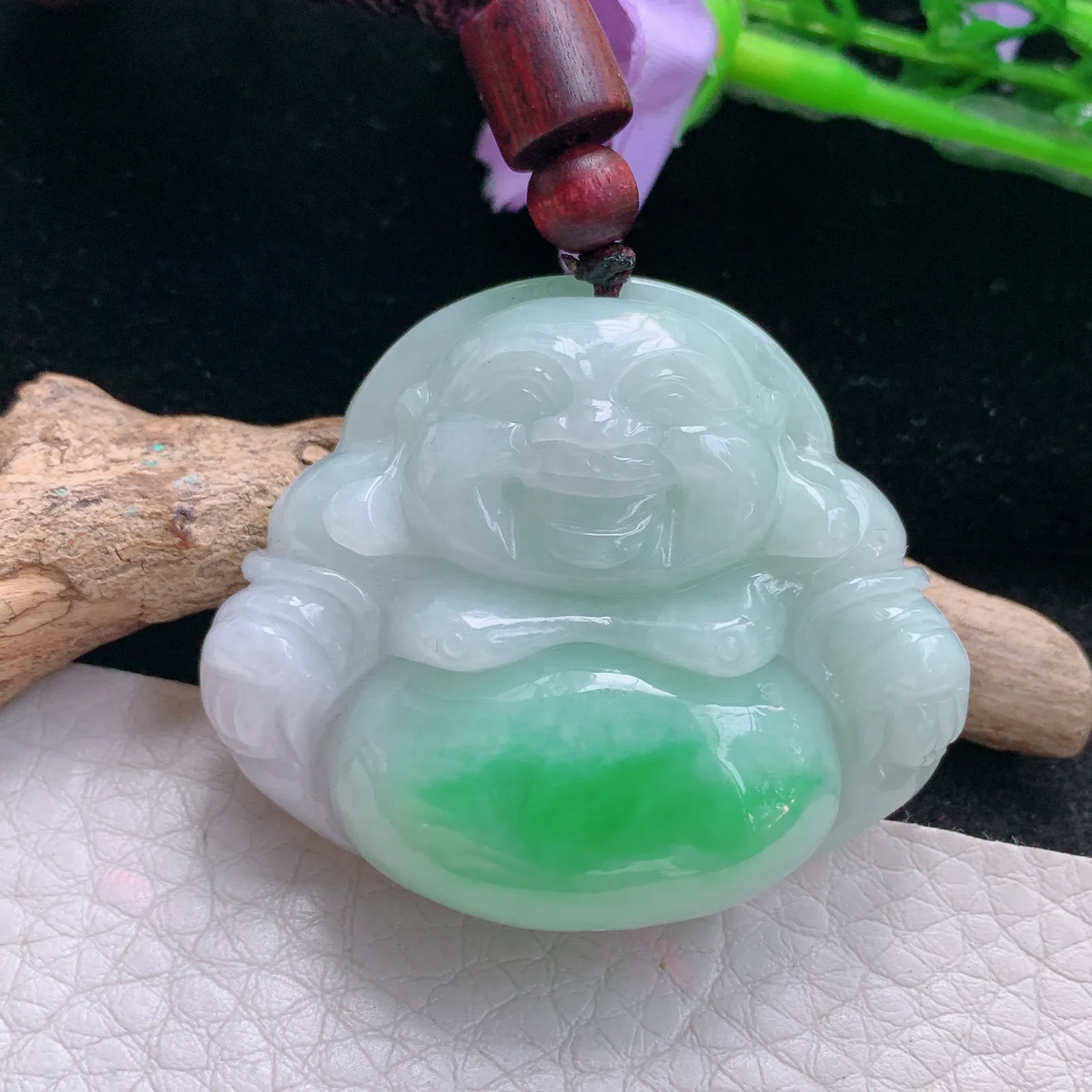 zen自然光37*44*11.8天然缅甸翡翠飘阳绿佛公 开心佛玉吊坠 玉挂件