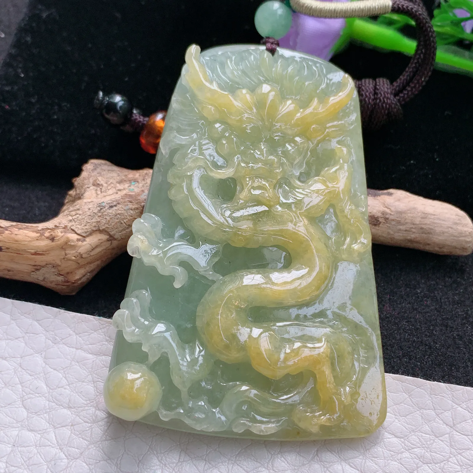 zen自然光64.8*43.3*12.6天然缅甸翡翠冰双彩霸气龙牌玉吊坠 玉挂件