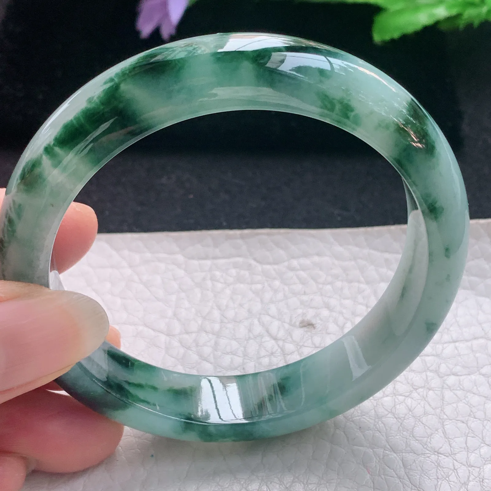 nr实拍56*13*8缅甸翡翠a货玉手镯冰飘花正圈平安镯宽版玉手环