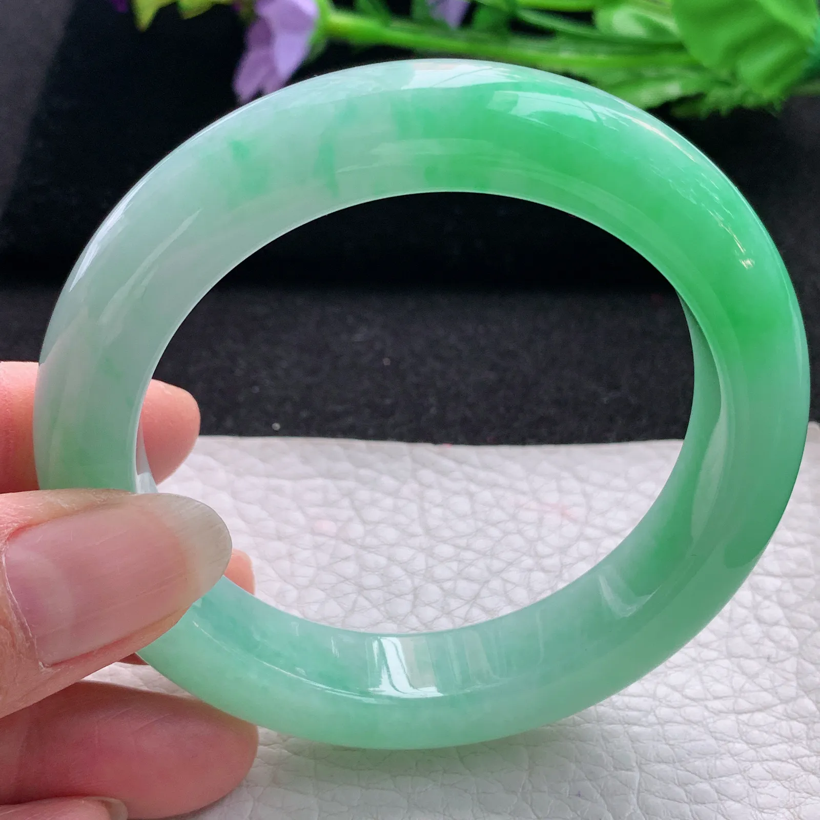 yq收藏款58*13*10缅甸翡翠a货玉手镯阳绿胶感厚装平安镯宽版玉手环